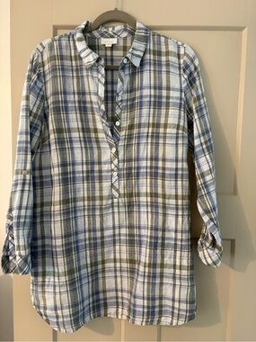 J. Jill Blue and Olive Plaid Linen Button-Up